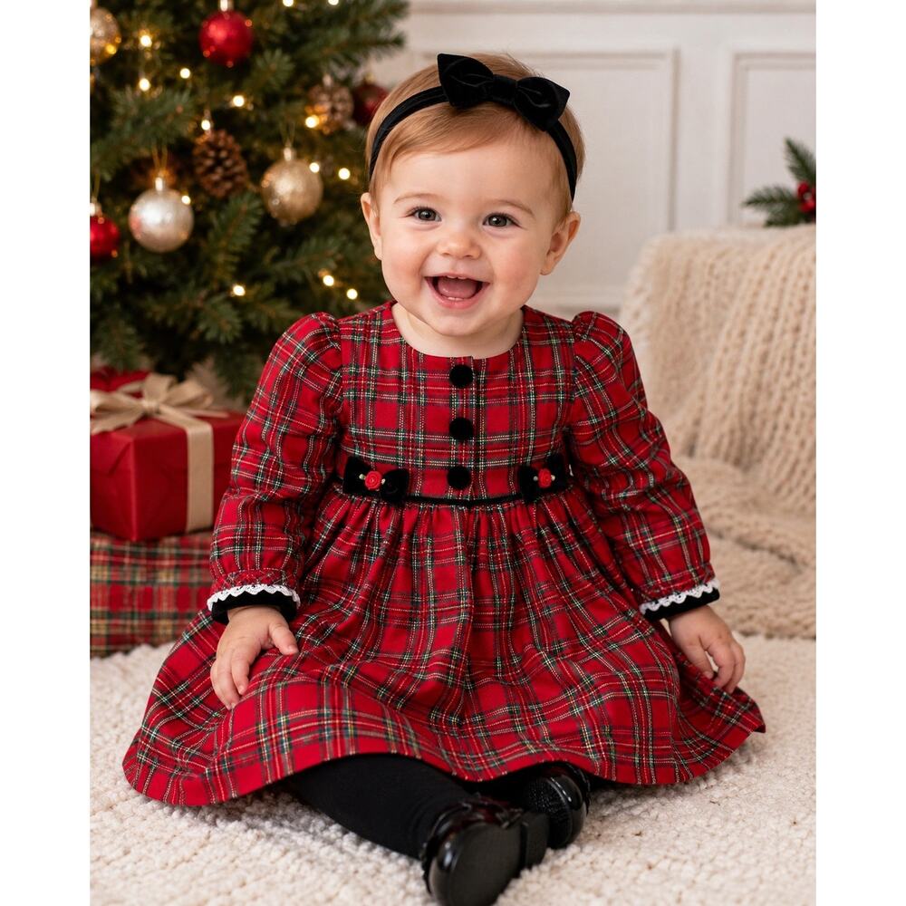 Vintage Rose Cottage Red Plaid Christmas Dress 12M Holiday